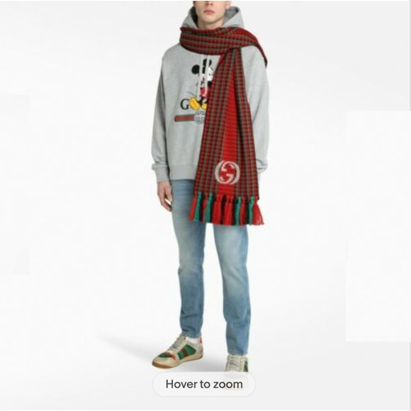 Gucci Interlocking GG Logo Red & Green Houndstooth Wool Tassel Scarf - Picture 11 of 12